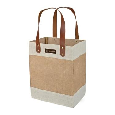 Imagem de Out of the Woods Bolsa de bebidas conversível 2 em 1 de juta, reutilizável, sustentável, comporta seis garrafas ou latas de 750 ml, Natural, One Size