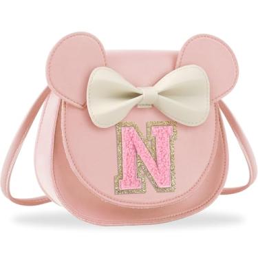 Imagem de Presentes de aniversário para meninas de 2, 3, 4, 5, 6, 7, 8, 9 e 10 anos de idade, bolsa infantil infantil para meninas pequenas com laço de orelha de rato personalizado, Letra rosa grande, N, N