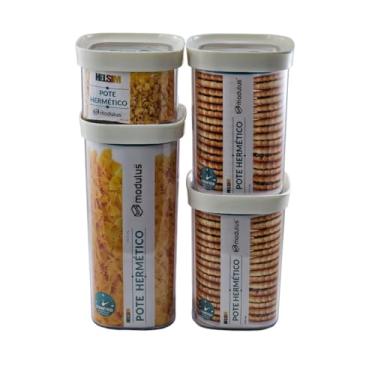 Imagem de Kit 4 Pote Hermético Quadrados Mantimentos Cozinha Acrílico 450ml,(2)1000ml, 1500ml Empilhamento em Armário (Branco)