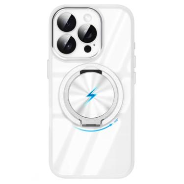 Imagem de Damesine Capa para iPhone 13 ProMax compatível com MagSafe, borda de silicone [suporte de anel magnético giratório de 360°] [placa traseira de acrílico transparente] [Vem com capa de câmera] Capa para