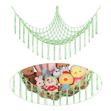Imagem de Canto de rede de bichos de pelúcia, rede grande de pelúcia tricotada à mão com anéis de madeira | Armazenamento de animais fofos Boho para berçário e quarto | Organizador de brinquedos infantis de
