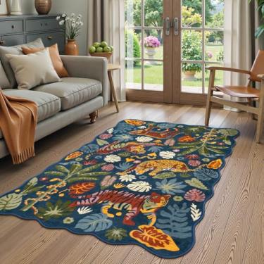 Imagem de LEEVAN Tapete de quarto de 7 x 12 cm, lavável, tigre, para cozinha, antiderrapante, azul, tapete recortado, para escritório, leopardo, sala de estar, tapete para sala de jogos, selva