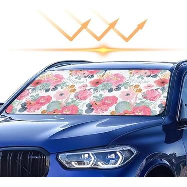 Imagem de TXWWXT Protetor solar de carro para flores em aquarela, para-sol de para-brisa de ajuste universal para carros, SUVs, proteção UV e protetor solar automotivo dobrável resistente ao calor, presente de