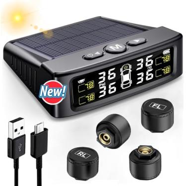 Imagem de Sistema de monitoramento de pressão de pneu TPMS Monitor de pressão de pneu com carregamento solar e USB, 4 sensores de pneu e 6 modos de alarme, ligar/desligar automático, TPMS atualizado 2025 com