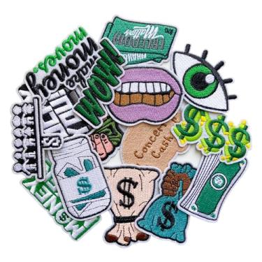 Imagem de Jongdari 15 peças de adesivos com tema de dinheiro, símbolos de dólar em dólares, motivos financeiros, bordado, boné de caminhoneiro costurado em apliques para bolsas roupas e jaquetas