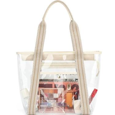 Imagem de Fammart Bolsa de praia transparente para mulheres, bolsa grande transparente para eventos de estádio - Fecho de zíper, impermeável, à prova de areia, Alças Jacquard - Bege, Large
