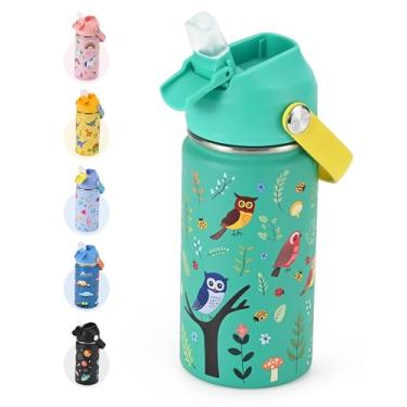 Imagem de WixByti Garrafa de água isolada de 400 ml com tampa de canudo de silicone - Garrafa de água de aço inoxidável mantém frio 24H, à prova de vazamento e design de impressão de coruja | Adesivos de nome