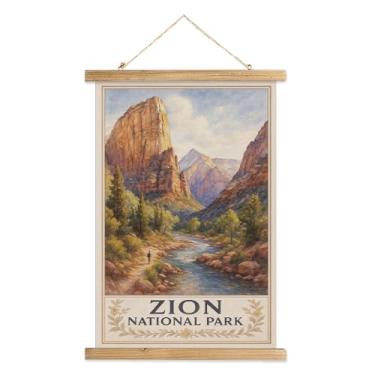Imagem de MIDEFINCH Impressão artística do Parque Nacional de Zion, pôster em tela de linho vintage com moldura de rolagem de madeira maciça, paisagem rústica para decoração de sala de estar, quarto, 40,6 x 58