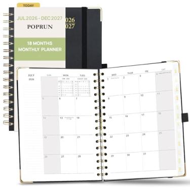 Imagem de POPRUN Agenda mensal 2026-2027 capa dura espiral (15 x 21 cm), calendário de 18 meses (janeiro de 2026 a junho de 2027) - 2 páginas por mês com páginas pontilhadas, início de domingo, aba laminada