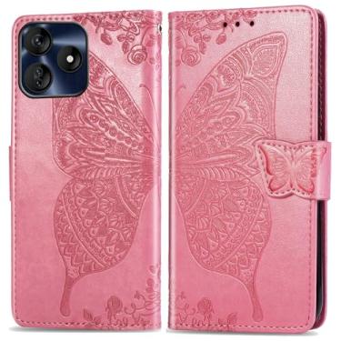 Imagem de DAMONDY Capa para BLU G64L, borboleta, flores em relevo, couro PU, suporte magnético para cartões e alça de mão, carteira para BLU G64L - Rosa