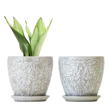 Imagem de Bestseler Vasos de cerâmica de 15 cm com orifício de drenagem e pires para plantas de interior, vasos de jardim para suculentas, orquídeas e flores - Conjunto de 2