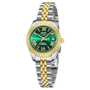 Imagem de NIBOSI Relógios femininos analógicos de quartzo à prova d'água com data, relógio de pulso delicado, moderno, de aço inoxidável, para pulsos pequenos, vestido feminino elegante, Dourado, prata, verde
