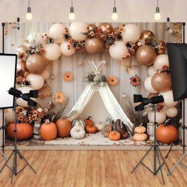 Imagem de Tenda de balão de abóbora, outono, margarida, cenário de outono de ação de graças, outono, folhas de bordo, faixa de ação de amigos, crianças, meninas, recém-nascidos, chá de bebê, decoração de festa