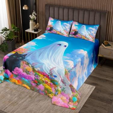 Imagem de Manfei Colcha de cama queen de gato fantasma fofo, conjunto de colcha de flores em aquarela de desenho animado, 3 peças, colcha acolchoada de Halloween com 2 fronhas, decoração de quarto de crianças