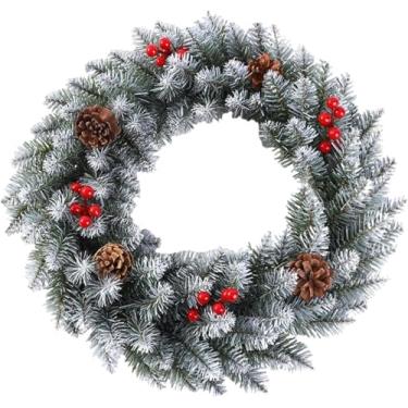 Imagem de Guirlanda De Natal Com Pinhas Bagas Vermelhas Decorações De Natal Para Porta Da Frente Casa Interior Exterior, White, 30cm (11.8in)