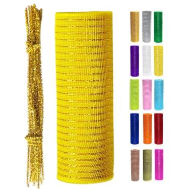 Imagem de Rolo de fita de malha decorativa metálica amarela 25,4 cm x 9,1 m (10 jardas) para árvore de Natal, grinaldas, grinaldas, guirlandas, decorações de fim de ano, papel alumínio com glitter, embrulho de