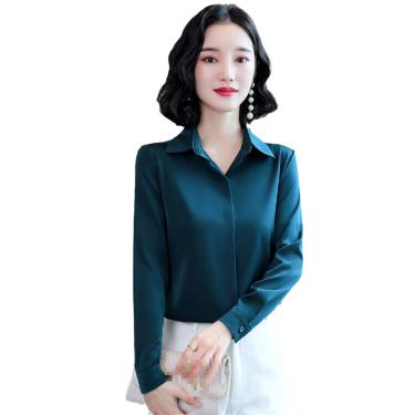 Imagem de Blusas Casuais Femininas Camisas De Cetim De Seda Vintage Hidden Breasted Office Lady Tops Formais, Peacock Blue, M