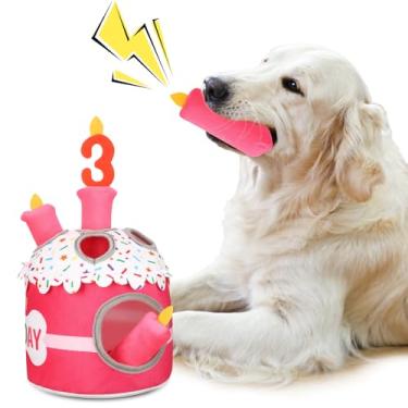 Imagem de Foilswirl Brinquedo de bolo de 3º aniversário para cães, brinquedos de mastigar de pelúcia para festa de aniversário, quebra-cabeça interativo de pelúcia, alívio de estresse para decoração de festa de