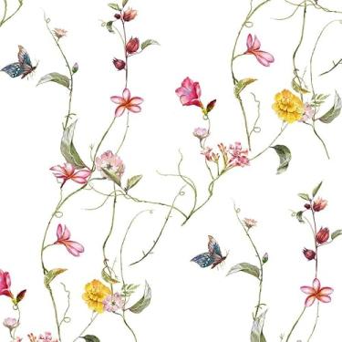Imagem de Papel de parede branco rosa vermelho flores silvestres borboleta descascar e colar papel de contato vinil vintage adesivo em papel de parede para quarto, banheiro, armário de cozinha adequado para