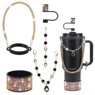 Imagem de Conjunto de acessórios de copo Stanley com strass, capa de canudo brilhante de 1 cm, alça de alça de garrafa, pingentes de glitter, bota de silicone, 850 a 1,134 g (ouro preto, serve para copo Stanley