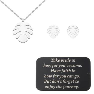 Imagem de FUSTMW Conjunto de colar de brincos de folhas de palmeira tropical para presente de folha de palmeira, joias de planta Monstera para presentes havaianos de festa Luau