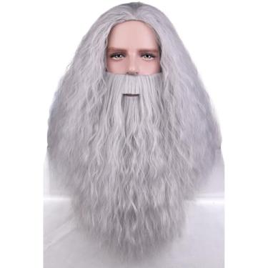 Imagem de BERON Peruca masculina loiro claro com cabelo longo encaracolado com bigode resistente ao calor, peruca sintética de Halloween cosplay fantasia de festa diária