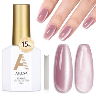 Imagem de AILLSA Esmalte de gel olho de gato rosa nude brilho brilhante esmalte de cristal com ímã, esmalte roxo brilhante reflexivo cor translúcida gel U V salão de beleza DIY em casa 14,2 g GF22