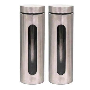 Imagem de Kit Com 2 Potes Vidro Vítreo Grande Revestidos Em Inox 1,8L com Tampa Hermética e Visor - Ideal para Armazenar Macarrão, Arroz, Feijão, Açúcar, Grãos e Mantimentos - Organização Da Cozinha