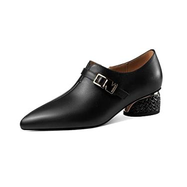 Imagem de TinaCus Sapato mocassim feminino chique de couro legítimo feito à mão com zíper e salto baixo grosso, Preto, 35