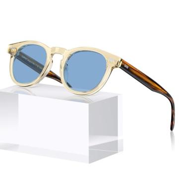 Imagem de CARFIA Óculos de sol retrô de acetato para homens, proteção UV polarizada, persianas redondas com núcleo de arame em relevo, 5-1. Armação amarelada, lente azul, One Size