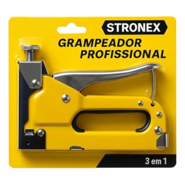 Imagem de Grampeador Tapeceiro Profissional, Amarelo e Cinza, Alta Pressão, Compatível com 3 Tipos de Grampos,