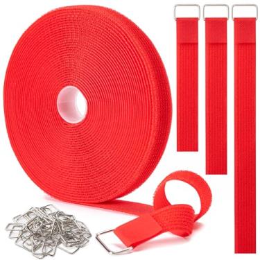 Imagem de Tiras de gancho e laço de 2,5 cm x 32 pés com 25 fivelas de metal, alças de cabo de fixação ajustáveis, comprimento de corte livre, abraçadeiras de nylon reutilizáveis para organizador ou