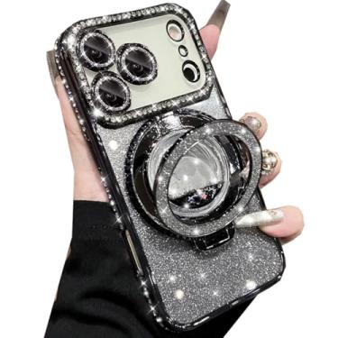 Imagem de Changjia Capa com suporte de glitter para iPhone Pro Max, luxuosa, brilhante, diamante, strass, com protetor de câmera, anel de fluxo líquido, suporte de TPU (poliuretano termoplástico), capa feminina