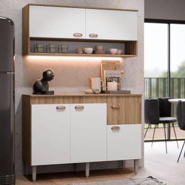 Imagem de Kit Armário De Cozinha Aéreo E Bancada Completo Com 5 Portas E 1 Gaveta Carvalho Branco