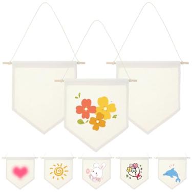 Imagem de 12 peças de banner de lona em branco, faixas de lona com cavilha de madeira, suporte de banner para exibição de parede de pino esmaltado para alfinetes de esmalte, lapelas, emblemas, botões, coleção