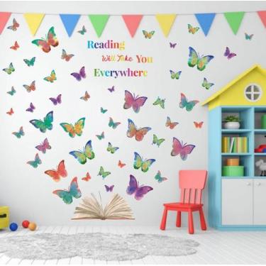 Imagem de Decalque de parede OLMIXA Colorful Butterfly Reading Book com citação