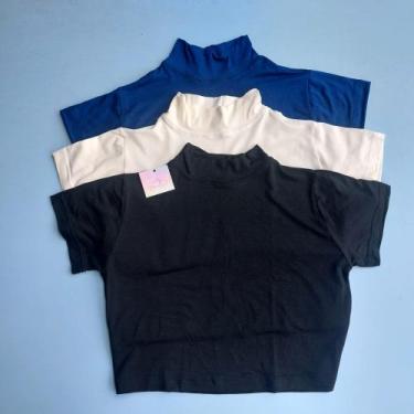 Imagem de Kit 3 Cropped Feminino Manga Curta Viscolycra Gola Alta Confortável - 