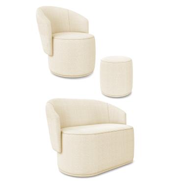 Imagem de Sofá Namoradeira com Poltrona e Puff Orgânico Sala Malu Bouclê Bege M11 - D'Rossi