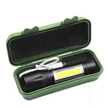 Imagem de Lanterna Tática LED COB Recarregável USB, Alumínio Preto, 10cm, 3 Modos de Iluminação, Zoom Telescópico, com Estojo Verde para Camping