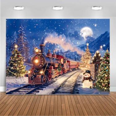 Imagem de Mocsicka Pano de fundo de trem de Natal, cidade ferroviária de inverno, decoração de festa de Natal, véspera de Natal, Ano Novo, faixa de fundo fotográfico (2 x 1,5 m (208 x 152 cm)