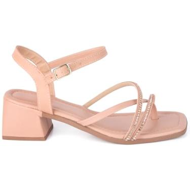 Imagem de Sandália Feminina Salto Bloco Grosso Baixo Fivela Tira Brilho Bico Quadrado Conforto Festa Luxo (Bege, BR, Adulto, Numérico, 37)