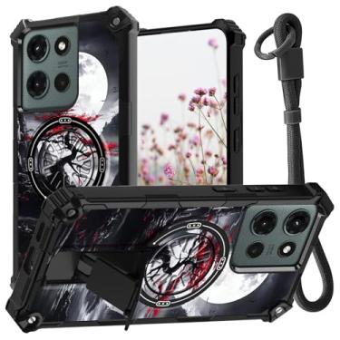 Imagem de GYSYSQSH Capa para celular Motorola Moto G 5G 2025 com alça de pulso e suporte oculto para mulheres e homens capa protetora rígida de policarbonato macio TPU macio resistente à prova de choque para