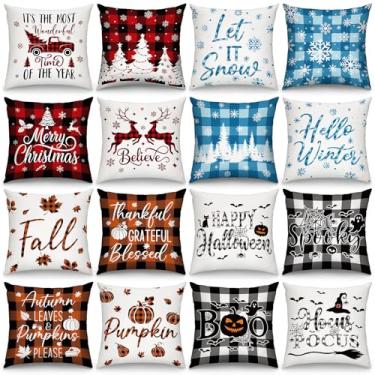 Imagem de GlikCeil Conjunto de 16 capas de almofada, 45,7 x 45,7 cm, personagens sazonais, fronhas, xadrez, buffalo, Halloween, Natal, inverno, outono, fronhas decorativas para decoração de sofá de casa