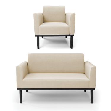 Imagem de Sofá Namoradeira Com Poltrona Base De Madeira Fixa Preto Marisa Suede D03 - D'Rossi Bege