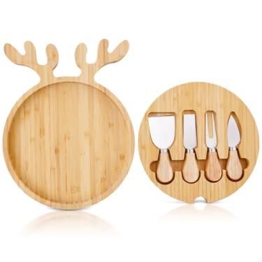 Imagem de Remerry Bandeja de corte de bambu de Natal e conjunto de facas, bandeja de servir de alce, tábua de charcutaria, prato de comida, presentes de cozinha de Natal para queijo, frutas, sobremesa, Natal