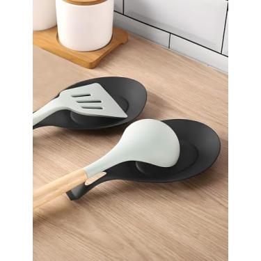 Imagem de 2 unidades de descanso de colher para fogão, suporte de colheres de silicone para balcão de cozinha, descanso de utensílios resistente ao calor para espátula, pinças, conchas, colher de café – durável
