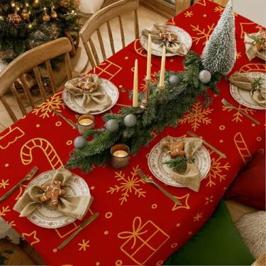 Imagem de HOMETITUTE Toalha de mesa de Natal festiva para mesa vermelha e dourada, estampa de arte retangular, toalha de mesa de jantar para ambientes internos e externos, decoração de casa, 203 x 152 cm