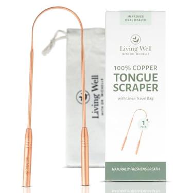 Imagem de Living Well with Dr. Michelle Raspador de língua de cobre - limpador de língua de metal premium para adultos e crianças - elimina o mau hálito e melhora a higiene oral - Inclui bolsa de viagem
