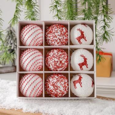 Imagem de Bolas de Natal, 9 peças, 8 cm, bolas de Natal, champanhe, pingente de decoração de árvore de presente para decoração de guirlanda de Natal (vermelho e branco)