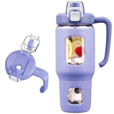 Imagem de NOLOGLAZIC Copo de vidro de 946 ml com cabo de canudo e tampa 2 em 1, copo de café gelado reutilizável para smoothie, matcha, garrafa de água de vidro à prova de vazamento com canudo e manga de
